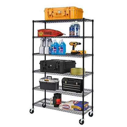 6 Tier Wire Shelf with Wheels (Black / 18"D x 48"W x 77"H)