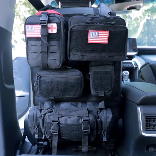 Universal Tactical Seat Back Organizer Vehicle Molle Panel Organizer Storage Bag with 5 Detachable Molle Pouch for All Vehicel Such as Jeep (Upgraded-D-Black)