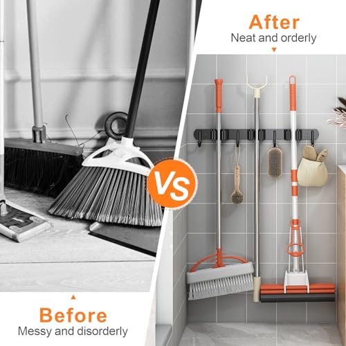 Mop and Broom Holder Wall Mount for Kitchen Laundry Room Decor (Black / 3 Racks with 4 Hooks)