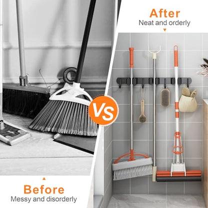 Mop and Broom Holder Wall Mount for Kitchen Laundry Room Decor (Black / 3 Racks with 4 Hooks)