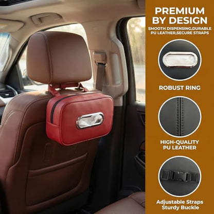 Car Tissue Holder with 2 Storage Nets (Wine Red)