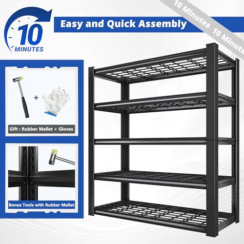 3010LBS Storage Shelves 72" H Garage Shelving Heavy Duty Metal Shelving 5 Tier Adjustable Metal Shelves for Storage for Kitchen Pantry Warehouse Basement 72" H x 35.5" W x 16" D (Black)