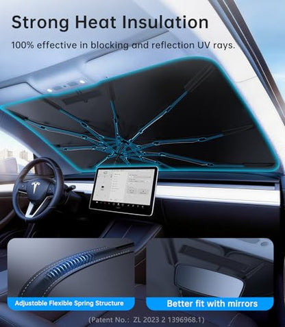 Upgrade Tesla Model Y & 3 Accessories Windshield Sun Shade Umbrella (Large (61"L x 35"W) For Model 3/Y)