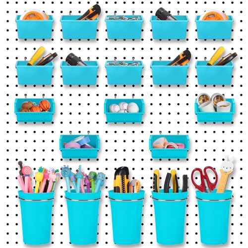 20 Pcs Pegboard Bins and Cups Accessories with Hooks (Blue)