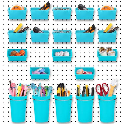 20 Pcs Pegboard Bins and Cups Accessories with Hooks (Blue)