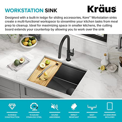 Kore 23 Inch Undermount Workstation 16 Gauge Black Stainless Steel Single Bowl Kitchen Sink in PVD Gunmetal Finish with Accessories (PVD Gunmetal / 23 inch / Sink)