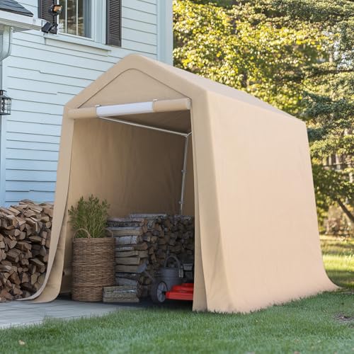 6x8 ft Outdoor Portable Storage Shelter Shed with 2 Roll up Zipper Doors & Vents Carport for Motorcycle Waterproof and UV Resistant Portable Garage Kit Tent (Beige / 6'x8')