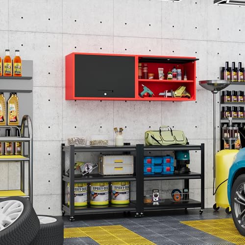 Metal Storage Cabinet Black Red Wall Cabinets with Shelf and Locking Door (15.7"D x 31.5"W x 21.6"H / Black&red)