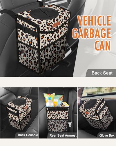 Car Trash Can with Lid Leakproof Car Garbage Bag Vehicle Trash Bin (2 Gallons / Leopard)