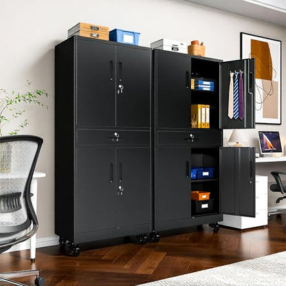 Metal Storage Cabinet for Garage (Black / L - 4 Doors & 1 Drawers (Wheeled))