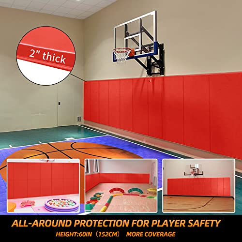 2 Pack Sport Wall Pads 2” Thick Foam Protection Padding Basketball Gym Garage Protectors (60" x 20" x 2" / 2 PACK / RED)