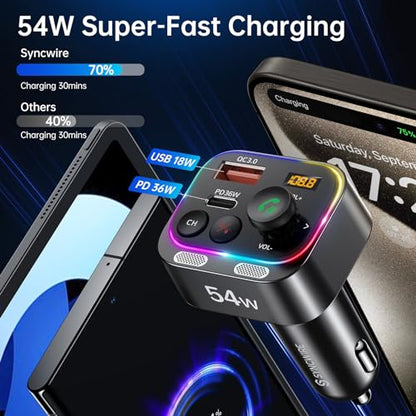 Bluetooth 5.4 FM Transmitter Car Adapter 54W with Light Switch (Black)