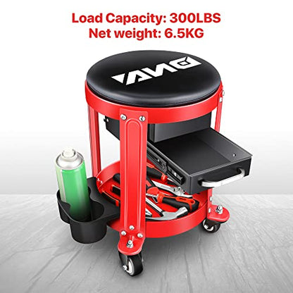 TOOLS 00197 Round Mechanics Roller Seat Creeper Stool With Padded Cushion (Red / Black)