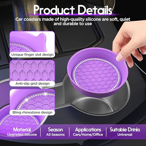 4 Pack Car Cup Holder Coaster Bling Crystal Rhinestone Car Interior (Purple / 4 Pack)
