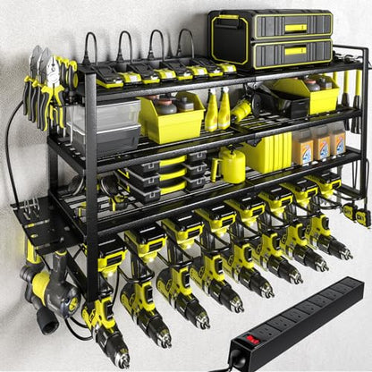 Power Tool Organizer with Charging Station.Garage 8 Drill Holder Built in 8 Outlets Power Strip (8 DRILL BLACK-4L / Black with Power)