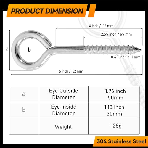 2Pcs 6 Inch Heavy Duty Screw Eyes Hooks (M10-6 Inch)