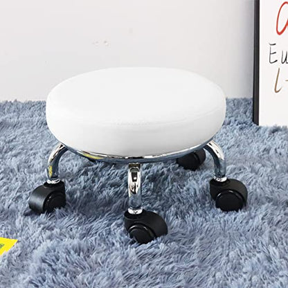 Modern Roller Seat PU Leather Low Round Rolling Stool 360° Swivel Small Seat with Universal Wheels Foot Stool for Home Office Garage Shop Fitness Sport H：8.6" （White） (White)