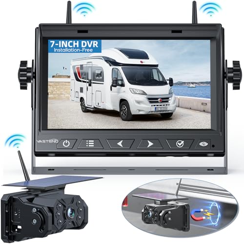Magnetic Solar Wireless Backup Camera No Installation VASTEND 1080P 7'' RV Backup Camera with 10000mAh Rechargeable Battery for Box Truck Trailer Camper Car Caravan Rearview Reversing Camera (Camera Set / Black)
