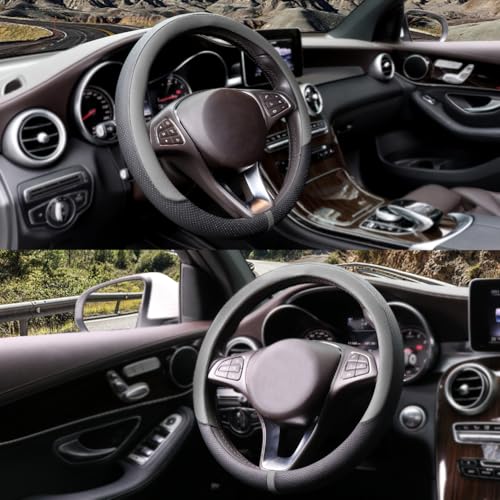 Breathable Car Steering Wheel Cover 15 inch Auto Universal Leather Wrap Non (A-Grey / M (14.5"-15"))