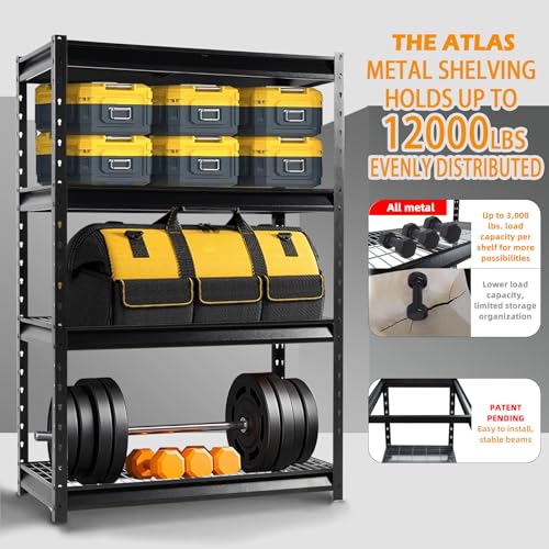 The Atlas 48" W Heavy Duty Garage Shelving Unit Load 12000 Lbs (Black / 48”W x 24”D x 72”H, 12000lbs)