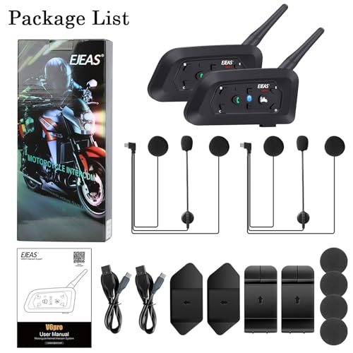 V6 Pro Motorcycle Helmet Bluetooth Intercom Headset 1200M 2 People Full Duplex Wireless Motorbike Interphone Connect Up to 6 Riders for Motorcycling Skiing and Climbing (V6 Pro 2Pack)