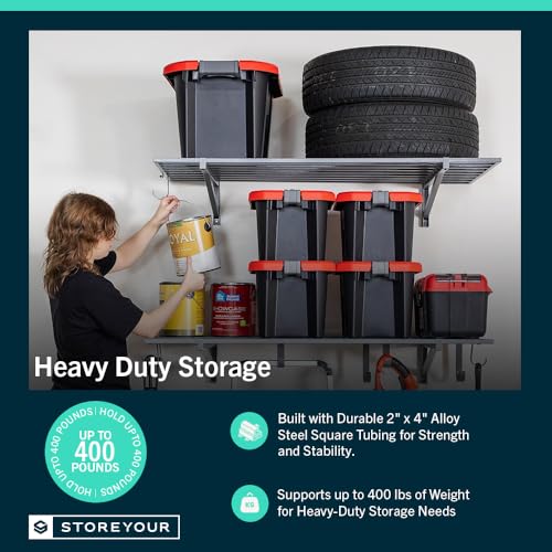 Garage Wall Shelf (Hammered Gray / 2x4ft 2-Pack Shelf | 200lb Each | 6 Hooks)