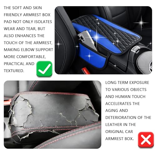 Leather Car Center Console Cover with Side Storage Pockets (Blue)