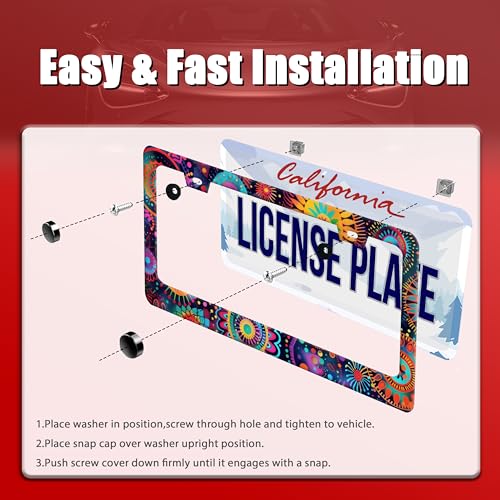 Fantasy Colorful Mandala License Plate Frame Boho Flowers License Plate Holder Funny Personalise Car Stainless Stee Decorative Parts for Standard Us Canada Vehicles 12x6 Inch for Women Men (Fantasy Colorful Flowers)