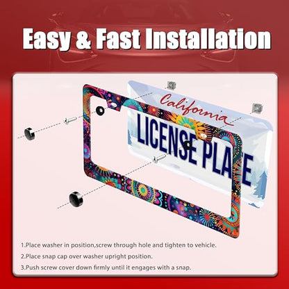 Fantasy Colorful Mandala License Plate Frame Boho Flowers License Plate Holder Funny Personalise Car Stainless Stee Decorative Parts for Standard Us Canada Vehicles 12x6 Inch for Women Men (Fantasy Colorful Flowers)