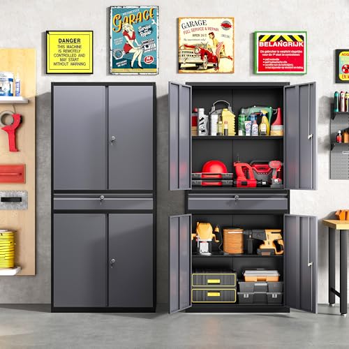 Metal Storage Cabinet with Doors and Shelves (71"H x 31.5"W x 16"D / Black Gray)
