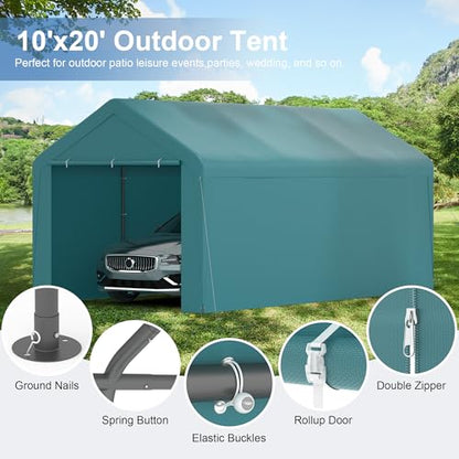 Carport 10‘ x 20’ Garage Car Canopy w (Green / 10' x 20' /with side)