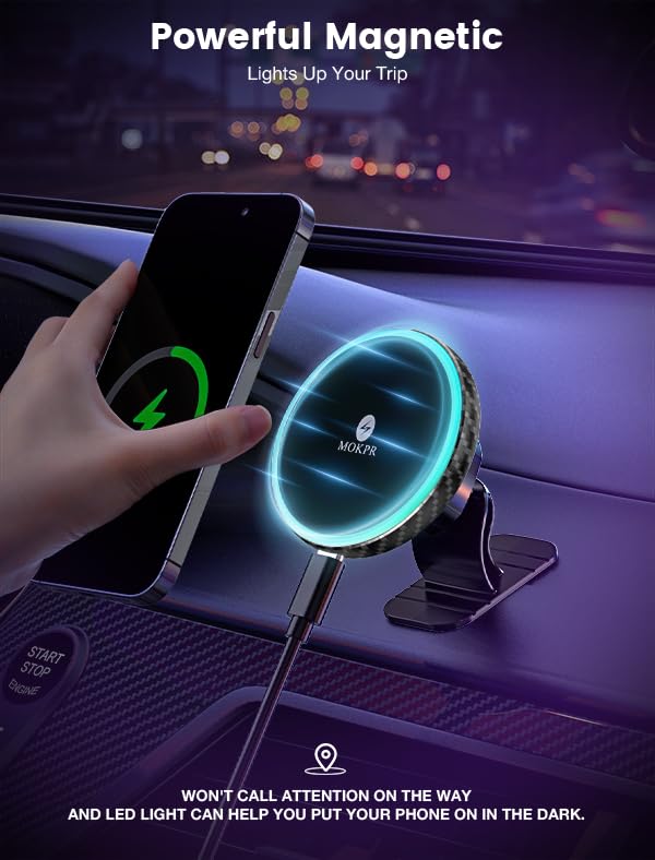 for Magsafe Car Mount Charger 15W LED RGB Car Phone Holder for Dash Vent (Carbon Fiber)