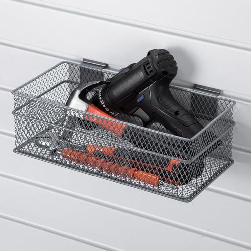 4 Pcs Slatwall Basket Set Ventilated Metal Slatwall Basket Hanging Wire Bins Wall Mounted Accessories for Panel Garage Storage Display Organizing (Assorted Sizes / Grey)