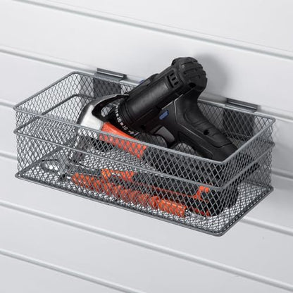 4 Pcs Slatwall Basket Set Ventilated Metal Slatwall Basket Hanging Wire Bins Wall Mounted Accessories for Panel Garage Storage Display Organizing (Assorted Sizes / Grey)