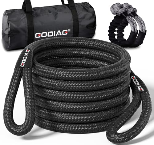 1" x30ft Kinetic Recovery Rope 46.5K lbs with 2 Soft Shackles Black (Black / 1"×30ft + 2 Soft Shackles)
