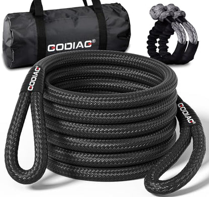 1" x30ft Kinetic Recovery Rope 46.5K lbs with 2 Soft Shackles Black (Black / 1"×30ft + 2 Soft Shackles)