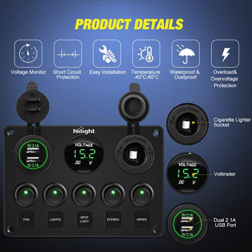 5 Gang Multi Function Rocker Switch Panel On Off Toggle Green (Green)