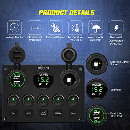 5 Gang Multi Function Rocker Switch Panel On Off Toggle Green (Green)