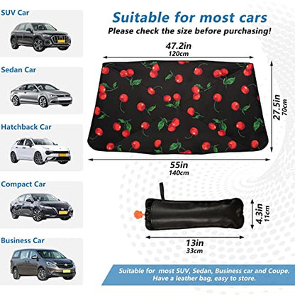Cherry Black Windshield Sun Shade Umbrella Watercolor Fruit Leaves Foldable Car Front Window Sunshade Blocks UV Rays Heat Keep Vehicle Cool (multi 10)