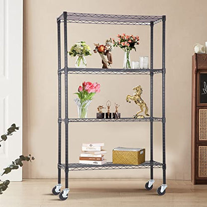 4 Tier Wire Shelf with Wheels (Black / 36"D x 14"W x 62"H)