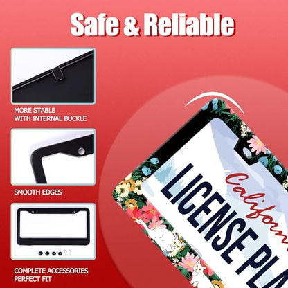 Cute Cat Flowers License Plate Frame Stainless Steel 2 (Cat Flowers)