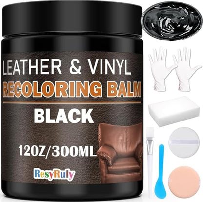 Leather Recoloring Balm Black Leather Dye Vinyl Paint Car Interior Seat Furniture Conditioner Couch Recliner Boots Jacket Shoes Handbag Purse Belt Color Restorer Fade Wear Scratch Remover Repair Kit (Black)