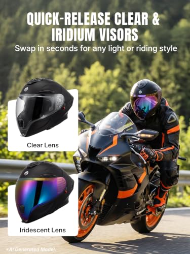 Modular Motorcycle Helmet DOT Certified Full Face Helmet Flip up Street Motorcycle Helmets for Unisex Adult Matte Black Full Face Motorcycle Helmet (Flat Black / Large)