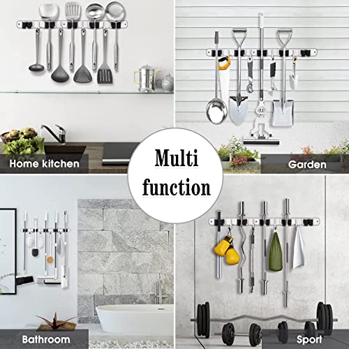 2 Pack Broom Holder Wall Mount (5 Racks & 4 Hooks (Silver) - 2 Pack)