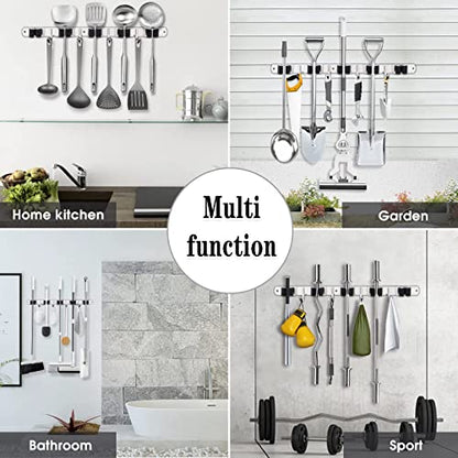 2 Pack Broom Holder Wall Mount (5 Racks & 4 Hooks (Silver) - 2 Pack)