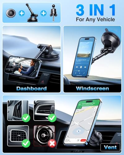 for MagSafe Car Holder [Dash+Windshield+Vent] Magnetic Phone Mount (Black)