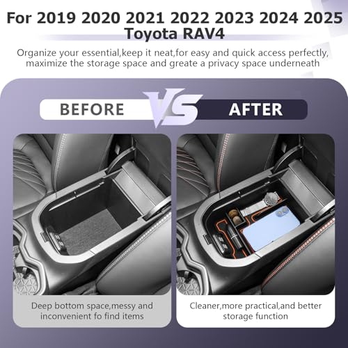 2025 RAV 4 Center Console Organizer Compatible with 2019 2020 2021 2022 2023 2024 2025 Toyota RAV 4 Accessories Armrest Console Secondary Storage Box Insert Tray ABS Material Orange