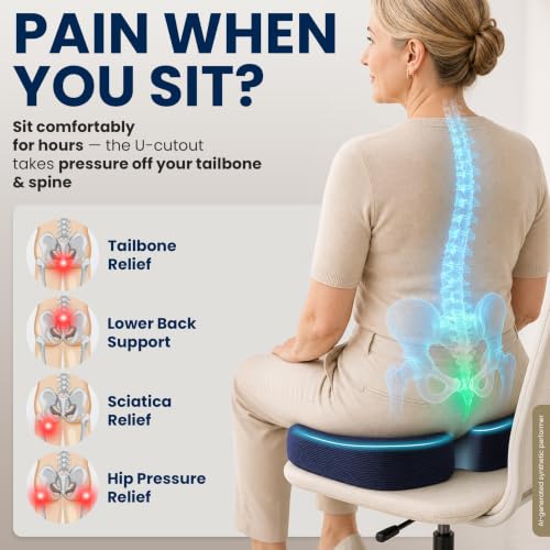 Seat Cushion Memory Foam Chair Pad for Tailbone Pain Relief (Blue / X-Large)