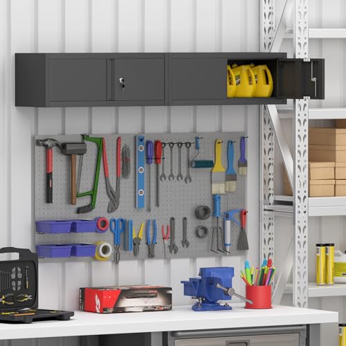 Metal Wall Cabinet with Lock and Doors (Black / 12.8"H)