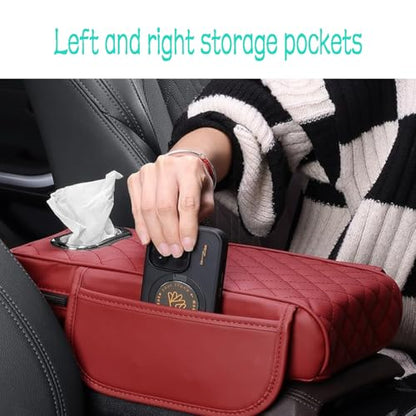 Car Armrest Cover Leather Car Console Covers Box Pad with Pocket and Tissue Box Arm Rest Cover for Car for SUV Truck Sedan Vehicle (favor-red)